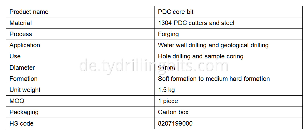 91mm core bit specification